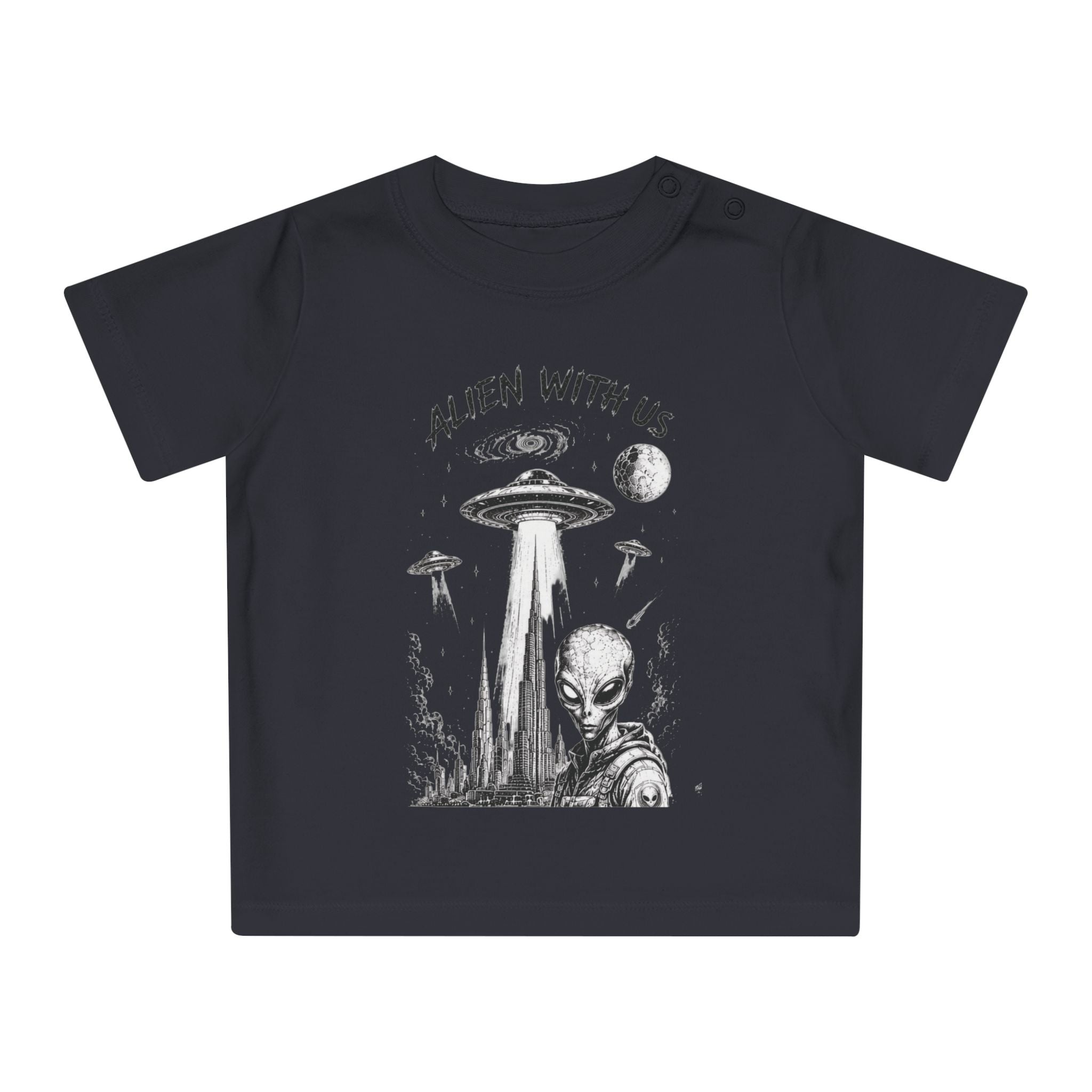 Alien With Us Baby T-Shirt — Cute UFO Alien Graphic Tee for Infants & Baby Gifts