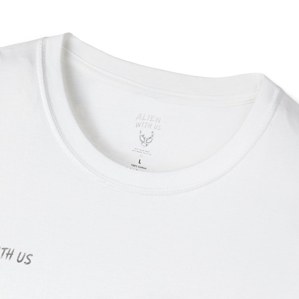 Alien With Us Minimalist White T‑Shirt — Small Chest Text Graphic
