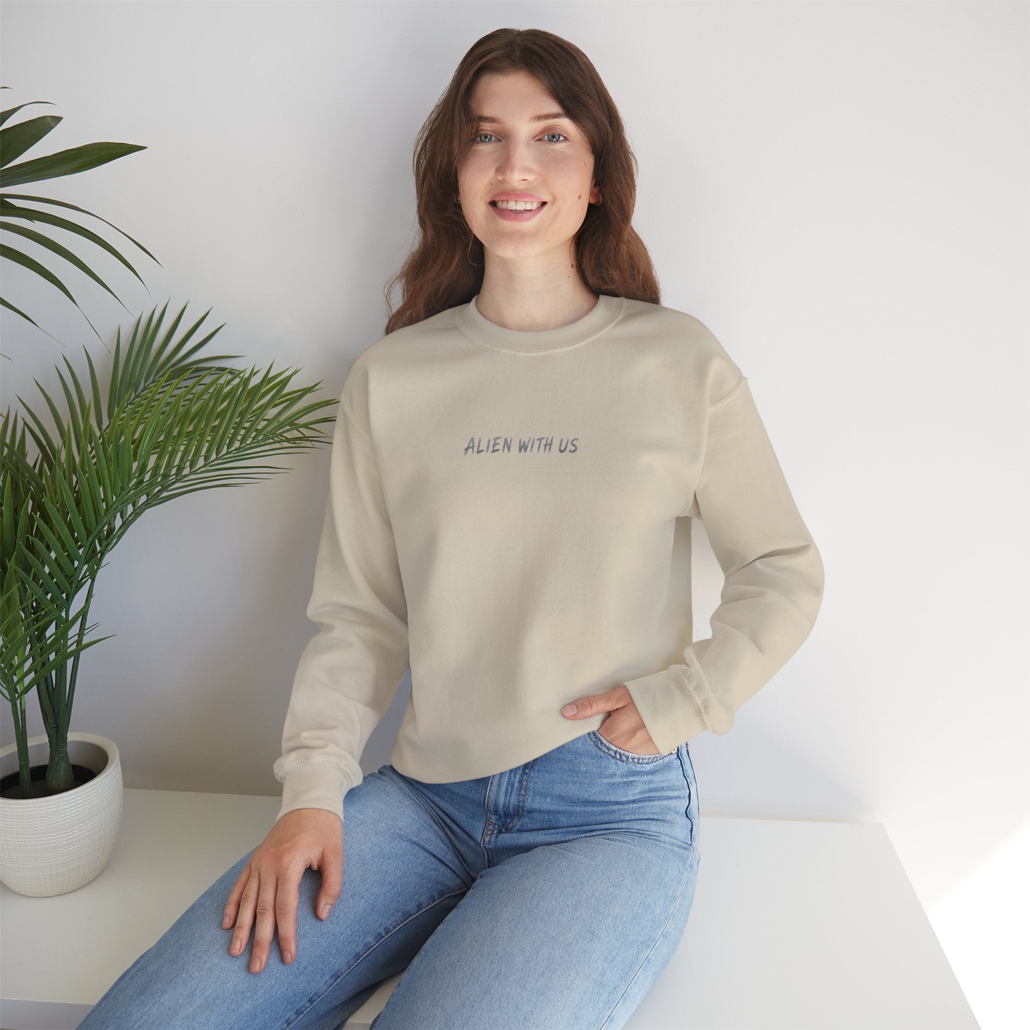 Alien With Us Crewneck Sweatshirt — Graphic UFO Alien Design (Unisex)