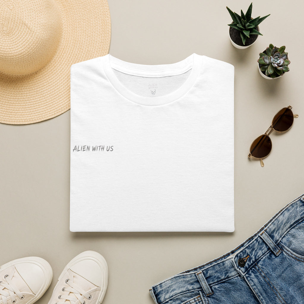 Alien With Us Minimalist White T‑Shirt — Small Chest Text Graphic