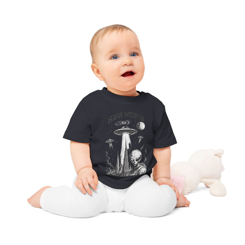 Alien With Us Baby T-Shirt — Cute UFO Alien Graphic Tee for Infants & Baby Gifts