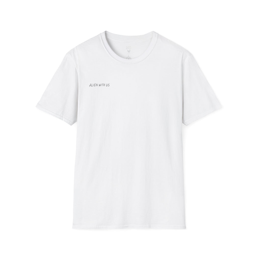Alien With Us Minimalist White T‑Shirt — Small Chest Text Graphic