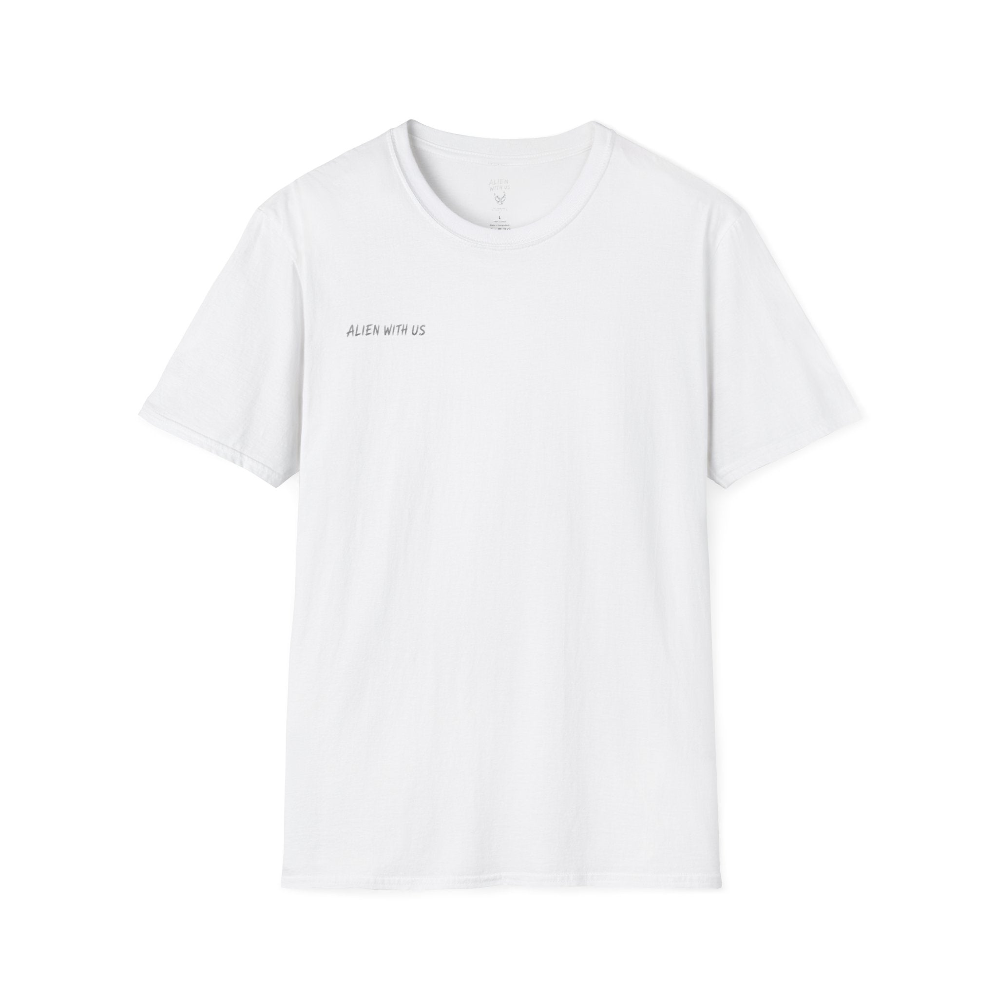 Alien With Us Minimalist White T‑Shirt — Small Chest Text Graphic