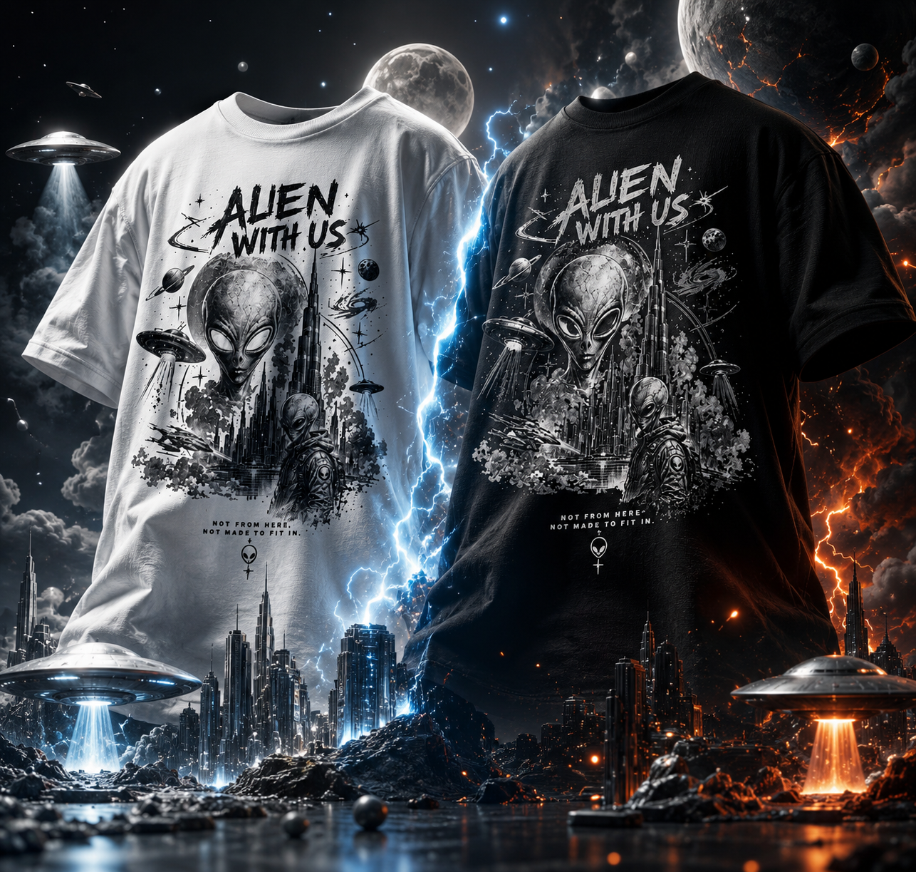 Alien With Us Graphic Tee — Limited Edition (100 Pieces Only) Monochrome UFO City Design