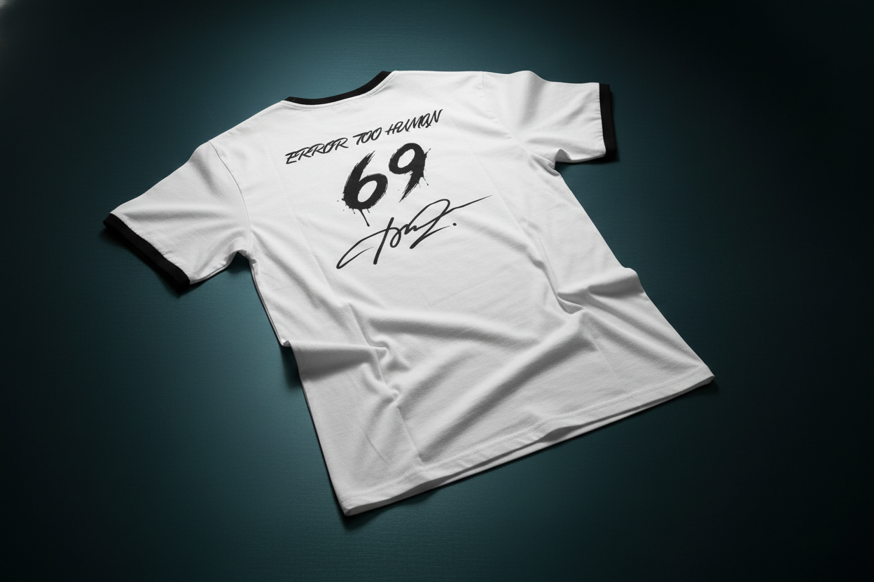 A thick, perfectly draped 'Alien Signature — '69 Error Too Human' tee on a deep teal and charcoal surface, showing its superi